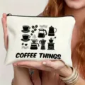 Canvas makeup bag detail featuring coffee theme line art illustration and secure zipper. - Coffee Time Illustration Style (9)