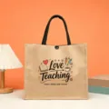Teacher theme jute tote bag featuring cute print, retro linen shopping handbag for daily use. - Love Teaching