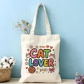 Sac cabas en toile avec imprimé chat coloré, sac d'épaule éco-responsable en coton. - Style Amoureux des Chats (09)