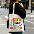 Süße Cartoon Katzen Druck Canvas Tragetasche, lässige Schultertasche für den täglichen Gebrauch. - Katzenliebhaber Druck
