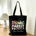 Borsa tote nera in tela con stampa mercato dei fiori carina, grande borsa casual. - Mercato dei Fiori Cuore (09)