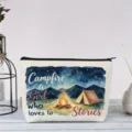 Kosmetiktasche aus Leinen mit Aquarell-Camping-Motiv, tragbare Make-up-Tasche für Reisen. - Camping Lagerfeuer