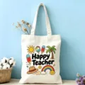 Vue rapprochée du sac cabas en toile de coton avec des impressions sur le thème des enseignants. - Style Enseignant Heureux (08)