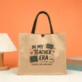 Vintage teacher themed burlap tote bag, durable linen shopping handbag for daily use and gifts. - IN MY TEACHER ERA