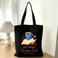 Personalisierte Lehrerin Stofftasche mit Kaffeebuch Motiv, schwarze Canvas Schultertasche. - Teacher Fuel Stil (11) / L