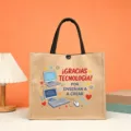 Large capacity jute tote bag with Spanish educational tech print, durable linen handbag. - Tech Connect Ideas Style