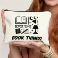 Minimalist black and white line art canvas zipper pouch featuring book things print. - Book Stationery Illustration Style (7)