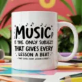 Music teacher ceramic coffee mug detail view featuring inspirational quote and cute music notes print. - 350ml / Music Teacher Style