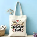 Sac cabas en toile avec joli imprimé dessin animé café livre prof, sac bandoulière coton éco. - Style Énergie de Professeur (06)