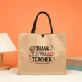 Teacher appreciation jute tote bag, vintage burlap handbag with black handles and cute print. - THANK YOU TEACHER Icons