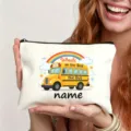 Personalisierbarer Schulbus Canvas Federtasche Reißverschluss Etui für Schüler Schulanfang. - Schulbus Regenbogen-Stil (7)