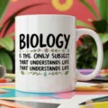 Detailed shot of a white ceramic coffee mug featuring funny science teacher biology typography. - 350ml / Biology Teacher Style