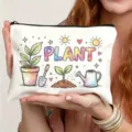 Nahaufnahme Detail der Aquarell Pflanzen Druck Leinen Kosmetiktasche mit Reißverschluss Tasche. - Pflanze Blume Stil (7.16) / Weiß
