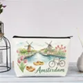 Bolsa de maquillaje de lona con ilustración de acuarela de viaje vintage Amsterdam, estuche. - Ámsterdam