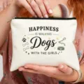 Bolsa de maquillaje de lona con estampado de texto de perro, estuche cosmético con cremallera. - Estilo de Estampado Negro Verde Tema Paseo de Perros