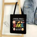 Bolsa de lona negra con bonitos gráficos de dibujos animados de repostería y texto en inglés. - Estilo Panadería 07