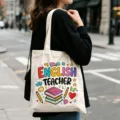Leinwand Tragetasche mit Englischlehrer Cartoon-Druck, lässige Ästhetik Schultertasche für Alltag. - Englischlehrer Druck