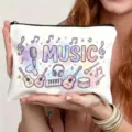 Kosmetiktasche aus Leinen mit Musik Aquarell Motiv, Reißverschluss, Reiseetui. - Musik Takt Stil (7.16) / Weiß