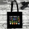 Black canvas tote bag with plant print, casual daily shoulder bag for women and men. - Style 04