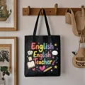 Schwarze Segeltuchtasche mit buntem Englischlehrer Text und niedlichen Schulbedarf-Grafiken. - Stil 7 / Schwarz