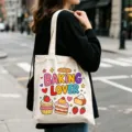 Detailansicht einer cremeweißen Canvas-Tragetasche mit süßem Back-Liebhaber-Cartoon-Print und Trägern. - Backliebhaber Druck