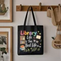 Schwarze Canvas Tragetasche mit Lehrer Bibliotheks Motiv, große Kapazität Umhängetasche. - Stil 5 / Schwarz