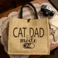 Vintage Jute Tragetasche mit Katzen-Dad Motiv, große Kapazität Freizeit Handtasche für Alltag. - Katzenpapa Mit Symbol (8)