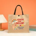 Detailed view of the Spanish education printed jute tote bag with colorful cartoon illustrations. - Inclusion Education Style
