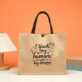 Large capacity jute tote bag with teacher quote print, durable linen handbag for daily use. - Style 3