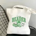 Weißer Segeltuch Shopper mit grünem Leopardenmuster Buchstaben, gemütliche Lesetasche Handtasche. - Cozy READER Stil (01)