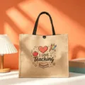 Teacher burlap tote bag, vintage linen shopping handbag, appreciation gift bag for women. - I LOVE Teaching