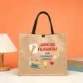 Spanish philosophy education printed jute tote bag detail view showing colorful cartoon art. - Philosophy Theme Style