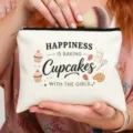 Canvas makeup bag with cute baking cupcakes print, portable zipper cosmetic pouch for women. - Baking Illustration Print Style