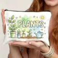 Detailansicht der Canvas Kosmetiktasche mit Aquarell Pflanzenmustern und Reißverschluss. - Pflanzen Stil (7.16) / Weiß