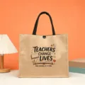Large capacity jute tote bag with teacher theme print, perfect gift for teachers and daily use. - Style 2