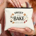Canvas makeup pouch detail featuring sweet bake letter print and cute baking elements design. - Dessert Baking Print Style
