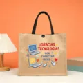 Jute tote bag with colorful tech print, large capacity casual handbag for everyday use. - Technology Theme Style