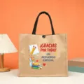 Jute tote bag with Spanish education print, large capacity casual handbag for daily use and shopping. - Gratitude Education Style
