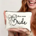 Custom bride makeup pouch detail featuring elegant bow line art and personalized text design. - Ribbon Bowknot Bride Style (Art No 7.16)