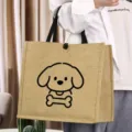 Vintage jute tote bag with cute puppy graphic, casual canvas handbag for daily shopping use. - Dog Bone Cartoon Style (15)