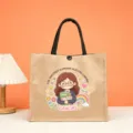 Education theme burlap tote bag with teacher cartoon print, stylish linen handbag for daily use. - Style 15