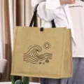 Casual jute tote bag with minimalist wave print, eco-friendly linen handbag for daily use. - Sea Wave Shell Style (13)