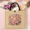 Nordic folk style jute tote bag with charming bird and floral print for daily shopping use. - Style 10 (Hand-Painted Flower Bird)