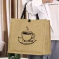 Vintage jute tote bag with coffee cup print, casual rustic linen handbag for daily use. - Coffee Cup Style (12)
