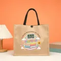 Teacher theme jute tote bag with black handles and colorful print for daily use or gift. - Style 12
