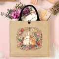 Detailed view of the cute rabbit and floral printed jute tote bag with sturdy handles. - Style 7 (Rabbit Wreath)