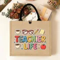 Teacher life burlap tote bag with cute coffee pencil graphic design, perfect gift for teachers. - Style 8