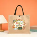Back to school jute tote bag with cute cartoon fox design, large capacity casual handbag. - Back to School Fox Style (16)