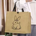 Vintage jute tote bag with cute rabbit line art print, perfect casual linen handbag for daily use. - Rabbit Style (7)