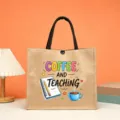 Teacher jute tote bag coffee design large capacity reusable shopping burlap handbag detail. - Style 7